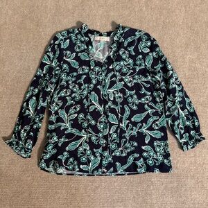 LOFT NWOT Navy & Green Floral Button Down Ruffle Neck Blouse - Size Medium